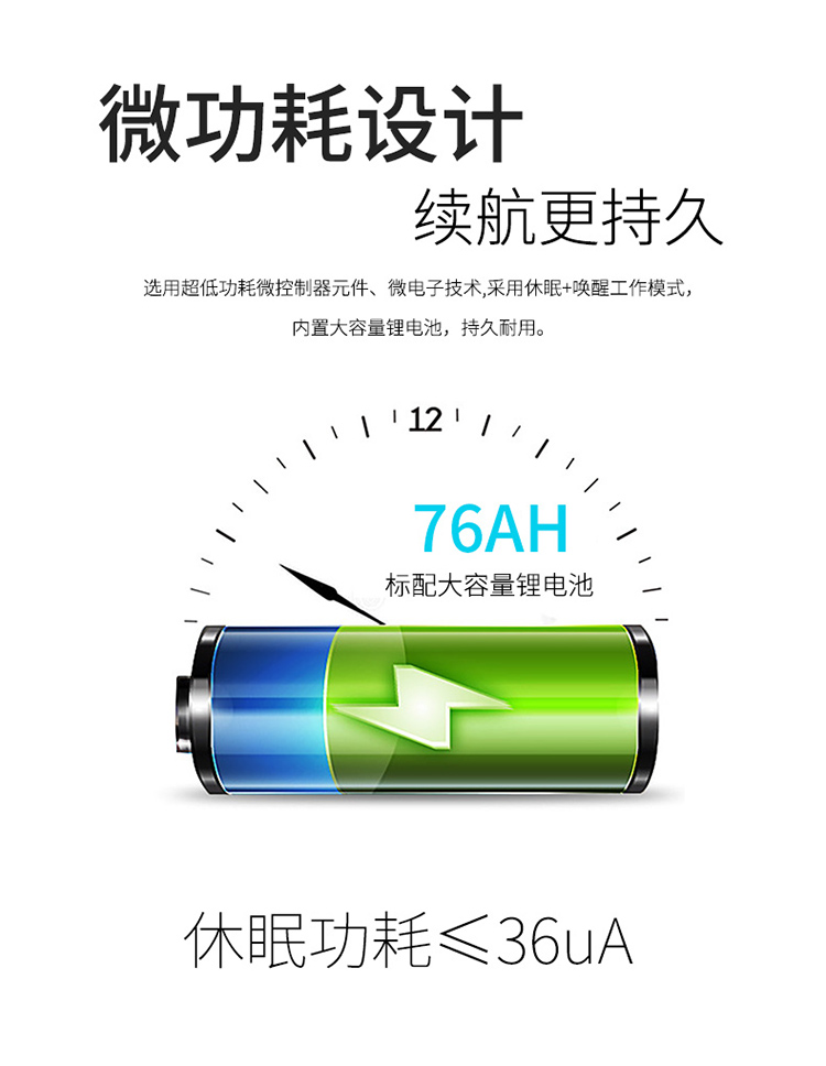 采用微功耗設計，選用超低功耗微控制器元件、微電子技術,采用休眠+喚醒工作模式；內置大容量鋰電池78AH，持久耐用。