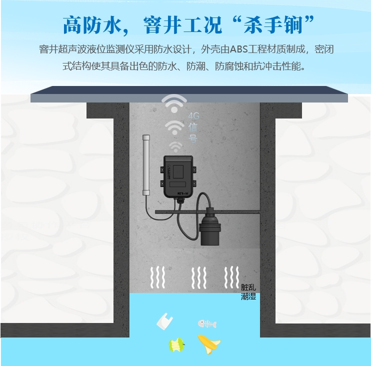 高防水，窨井工況“殺手锏”：窨井超聲波液位監(jiān)測儀采用防水設(shè)計(jì)，外殼由ABS工程材質(zhì)制成，密閉式結(jié)構(gòu)使其具備出色的防水、防潮、防腐蝕和抗沖擊性能。