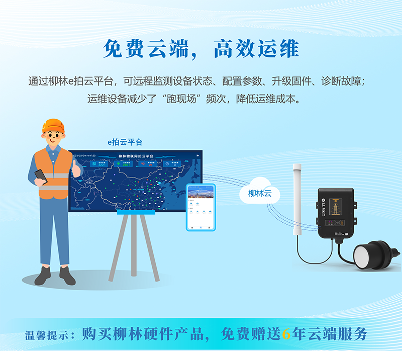 免費(fèi)云端，高效運(yùn)維：通過柳林e拍云平臺，可遠(yuǎn)程監(jiān)測設(shè)備狀態(tài)、配置參數(shù)、升級固件、診斷故障；運(yùn)維設(shè)備減少了“跑現(xiàn)場”頻次，降低運(yùn)維成本。