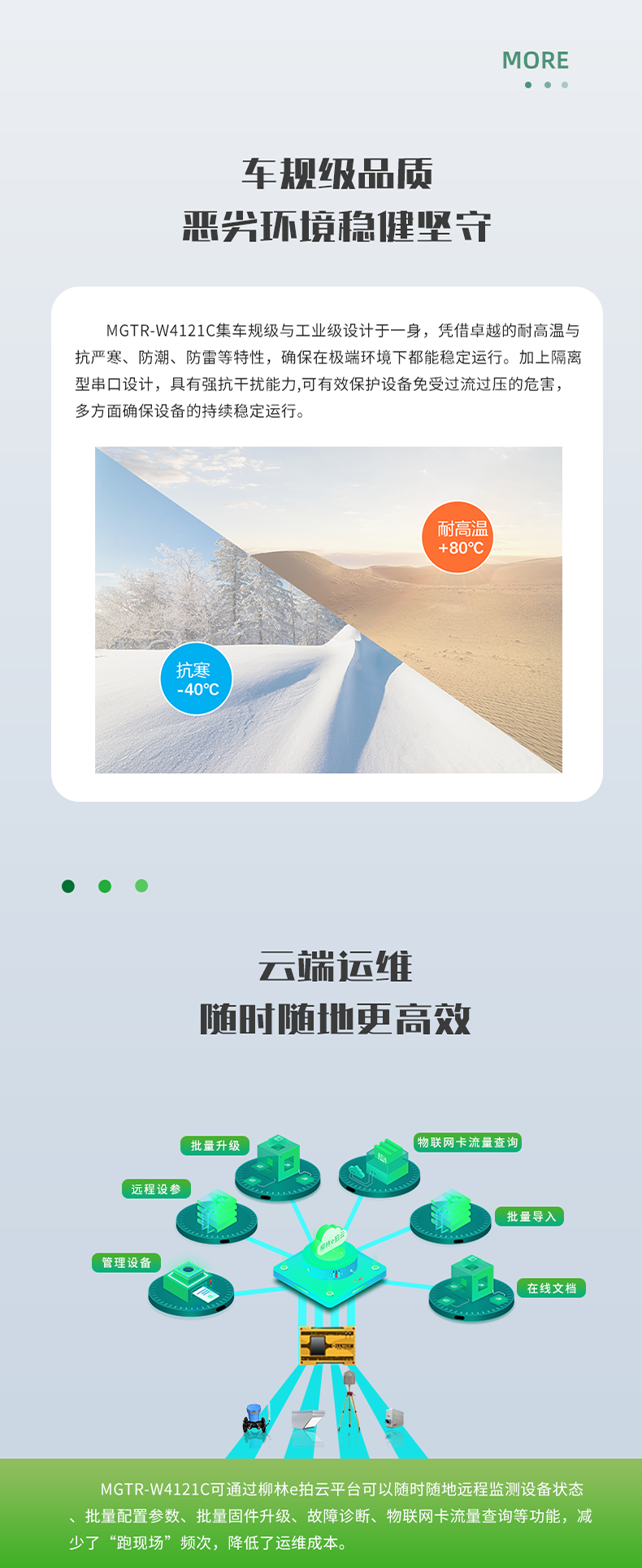 車規(guī)級品質(zhì) 惡興環(huán)境穩(wěn)健堅守。MGTR-W4121C集車規(guī)級與工業(yè)級設(shè)計于一身，憑借卓越的耐高溫與 抗嚴(yán)寒、防潮、防雷等特性，確保在極端環(huán)境下都能穩(wěn)定運行。加上隔離 型串口設(shè)計，具有強(qiáng)抗干擾能力,可有效保護(hù)設(shè)備免受過流過壓的危害， 多方面確保設(shè)備的持續(xù)穩(wěn)定運行。云端運維 隨時隨地更高效。MGTR-W4121C可通過柳林e拍云平臺可以隨時隨地遠(yuǎn)程監(jiān)測設(shè)備狀態(tài) 批量配置參數(shù)、批量固件升級、故障診斷、物聯(lián)網(wǎng)卡流量查詢等功能，減 少了“跑現(xiàn)場”頻次，降低了運維成本。