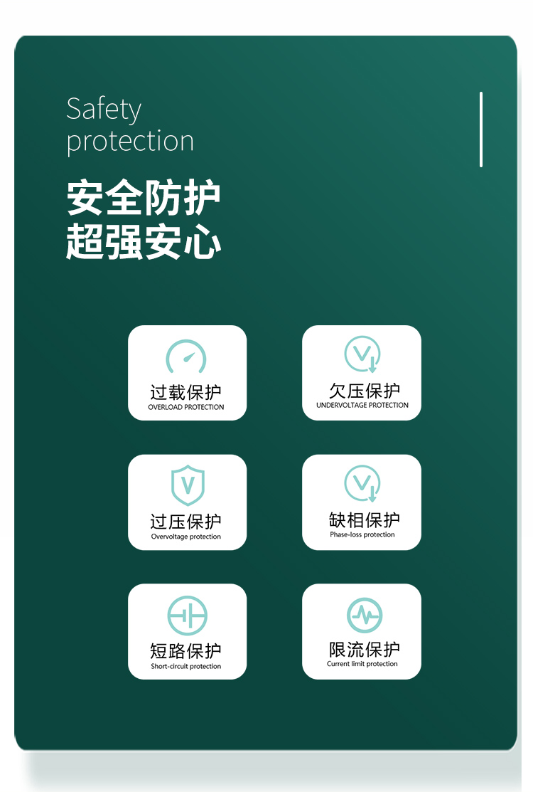 安全防護 超強安心。對過載、欠壓、過壓、缺相、短路、限流等狀況實現智能保護。